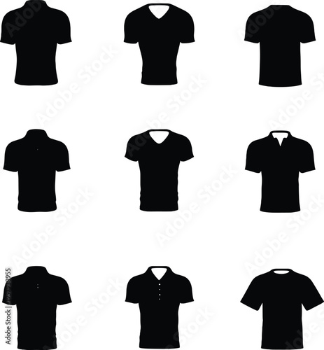 Black shirt silhouettes with different necklines, crew neck, v‑neck, collared styles, fashion design clothing template, apparel vector illustration