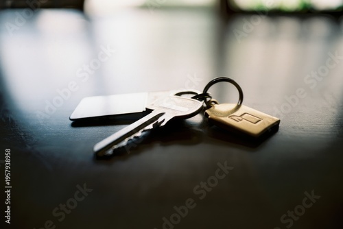 A close up view of a metal house key with a golden tag resting on a dark wooden surface indoors