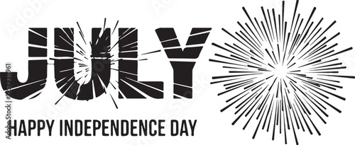 A black and white graphic design featuring the word july with a firework burst for independence day