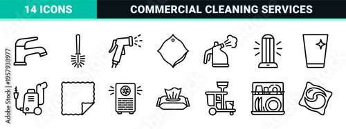 Professional Cleaning and Sanitation Services Minimalist Monoline Outline Icons High-End Geometric Hygiene and Housekeeping Linear Art.