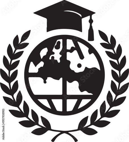 A black and white graphic illustration featuring a graduation cap atop a stylized global earth icon