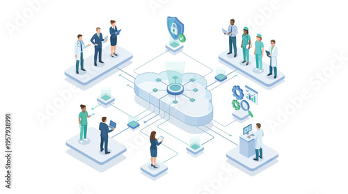 Isometric Healthcare Cloud Technology Platform with Medical Team and Data Security Network Connection, Digital Health SaaS Solution for Hospital Management