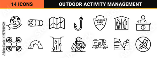 Outdoor Recreation and Environmental Conservation Linear Graphic Set Featuring Sustainable Travel and National Park Navigation Symbols.