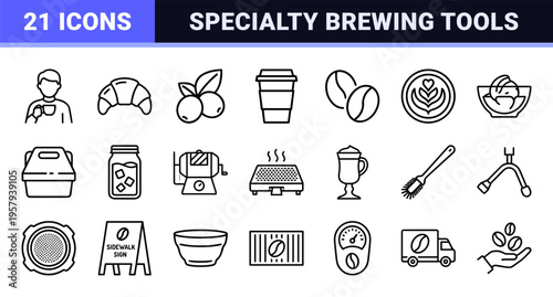 Specialty Coffee Culture and Brewing Equipment Line Art - Minimalist Geometric Monoline Symbols for Modern Cafe Branding and Web Design.