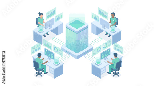 Isometric Healthcare Technology Platform with Medical Data Analytics Dashboard and Remote Hospital Staff Monitoring Patient Records in Modern SaaS Environment