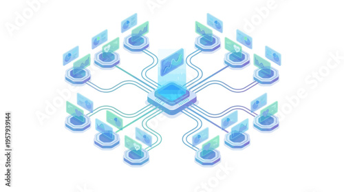 Isometric SaaS Healthcare Platform Network with Connected Medical Apps and Patient Data Management System in Blue Gradient 3D Style