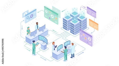 Isometric Healthcare SaaS Platform with Medical Team Analyzing Patient Data on Digital Dashboard, Hospital Technology Infrastructure and Cloud Computing Network