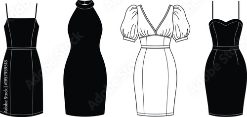 Women's fashion dress illustration, sleeveless, halter-neck, puff sleeve, strapless sweetheart neckline, clothing design, apparel sketch, stylish outfit comparison