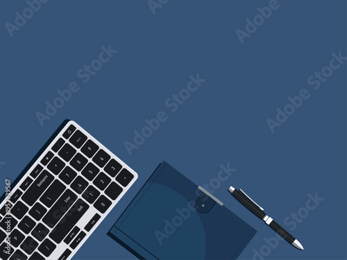 Computer keyboard and notebook rest on office desk, flat lay business background