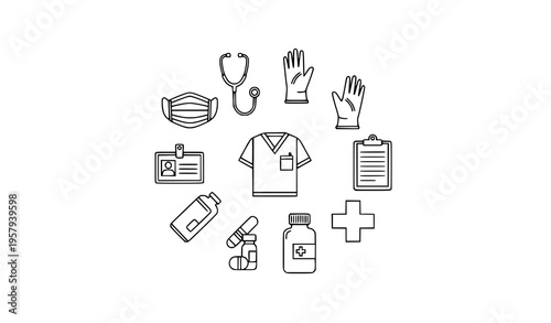 Healthcare outline icon circle with medical tools stethoscope mask gloves and badge vector