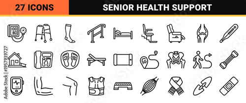 Geriatric Care and Mobility Assistance Minimalist Monoline Line Art Set for Senior Health Healthcare and Elderly Support Services