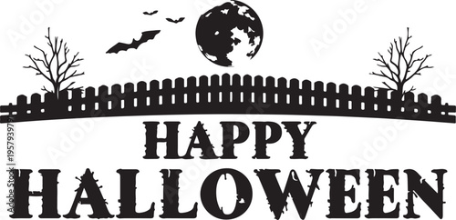 A spooky halloween themed graphic featuring a picket fence, full moon, bare trees and flying bats