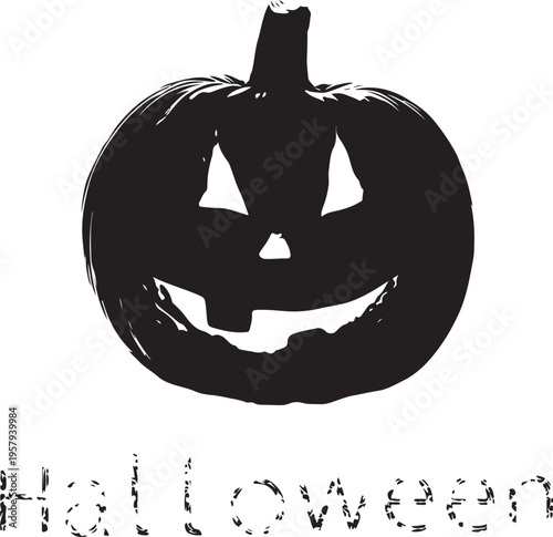 A black and white graphic illustration of a carved jack-o-lantern pumpkin for halloween decor