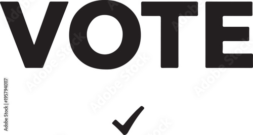 A bold black typographic graphic featuring the word vote with a simple checkmark symbol below it