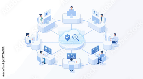 Isometric Healthcare Cloud Platform with Medical Team Connected to Secure Patient Data Network, Digital Health SaaS Technology System