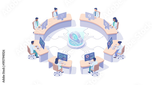 Isometric Healthcare SaaS Platform with Medical Team Analyzing Patient Data on Connected Computer Network, Digital Health Technology Concept