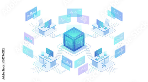 Isometric Healthcare SaaS Platform with Medical Data Analytics, Telemedicine Workstations, and AI-Powered Hospital Network Technology