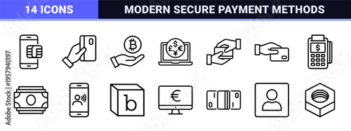 Global Payment Terms and Financial Transactions Minimalist Monoline Icon Set featuring Geometric Banking and Fintech Line Art Symbols