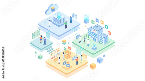 Isometric SaaS Healthcare Platform Digital Ecosystem Cloud Medical Technology Hospital Software Network Connected Health Data Management System