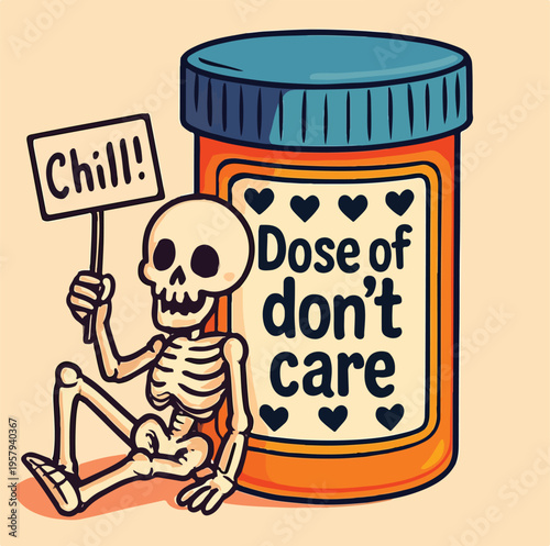 Playful cartoon skeleton holds a "Chill!" sign beside a large bottle labeled "Dose of don't care," embodying a relaxed, stress-free mindset.