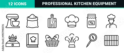 Culinary Arts and Professional Kitchenware Minimalist Monoline Icon Set featuring Geometric Line Art Symbols for Modern Gastronomy