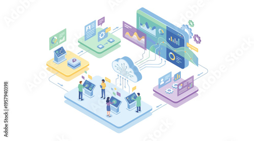 Isometric Healthcare SaaS Platform with Medical Data Analytics Cloud Technology and Hospital Management Software Dashboard