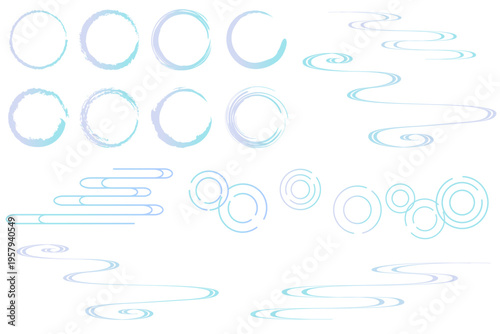 和風の水モチーフのイラストセット　筆丸　流水紋　波紋