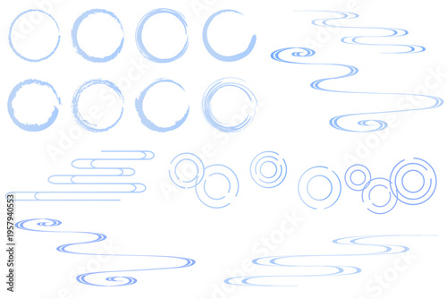 和風の水モチーフのイラストセット　筆丸　流水紋　波紋
