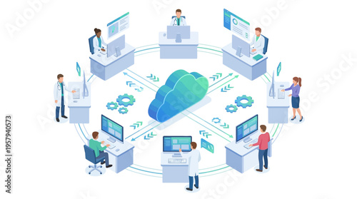 Isometric Healthcare Cloud Computing Platform with Medical Team Connected to Digital Health Data Network for Hospital SaaS Technology Solutions