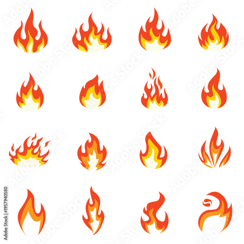 fire flames set, cartoon style fire collection, burning flame vector illustration