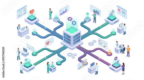 Isometric Healthcare SaaS Platform with Medical Data Analytics, Doctors Using Cloud Technology for Patient Care Management and Hospital Network Integration