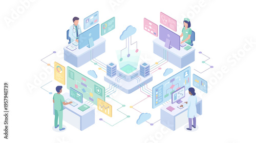 Isometric Healthcare SaaS Platform with Medical Team Using Cloud Technology for Patient Data Management and Digital Hospital Workflow