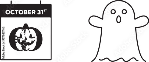 A black and white graphic illustration featuring a calendar page for october thirty-first and ghost