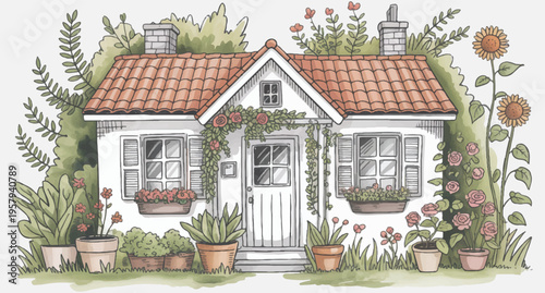  A charming white cottage with a red tiled roof surrounded by lush greenery and vibrant flowers