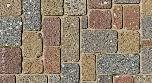 Top-down view of rectangular cobblestone pavers in various shades of red, gray, and tan, neatly arranged in a patio or walkway pattern.