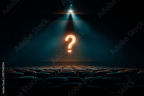 A questionmark icon projected on a cinema screen in a dark movie theater