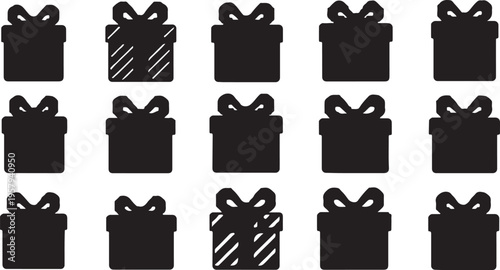 A collection of fifteen black gift box icons arranged in a uniform grid for graphic design use