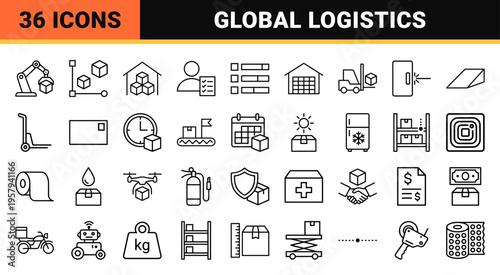 Warehouse Logistics and Supply Chain Management Monoline Outline Icon Set for Inventory Storage and Global Distribution Services.