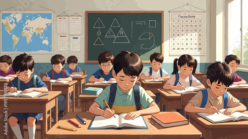 Group of students and a teacher sitting together in a classroom and learning as a team