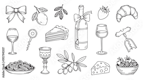 A charming black and white line drawing featuring a delightful assortment of food and drink items, perfect for culinary themes