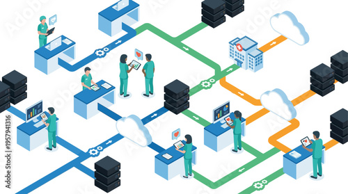 Isometric Healthcare SaaS Platform Network Medical Data Cloud Computing Hospital IT Infrastructure Digital Health Technology System