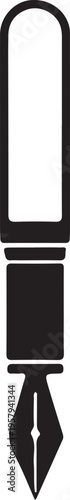 A minimalist black and white graphic illustration featuring a classic vintage fountain pen nib