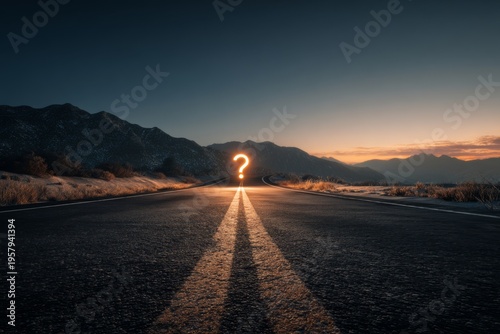 A questionmark icon glowing at the end of a road leading into the distance, sunrise lighting