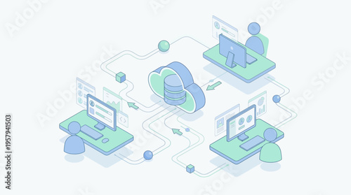Isometric SaaS Healthcare Platform with Cloud Data Sync, Medical Team Using Digital Health Technology, Remote Patient Monitoring System