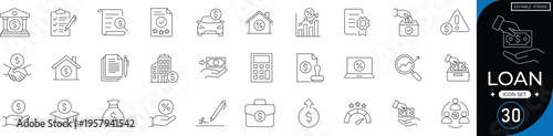 Loan icon set featuring money, bank, calculator, interest, document, house, car, percent, credit card, agreement, and calendar. editable stroke vector set.