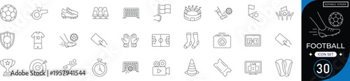 Football icon set featuring soccer ball, jersey, shoes, whistle, goal, trophy, stadium, referee cards, corner flag, strategy and scoreboard. editable stroke vector set.