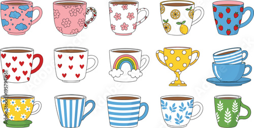Cute colorful coffee cups collection with patterns hearts rainbow flowers and stripes ceramic mug set flat vector illustration isolated on white background