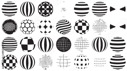 Diverse Collection of Monochromatic Spheres and Geometric Patterns with Striped, Checkered, and Distorted Designs, Ideal for Abstract Backgrounds and Graphic Elements