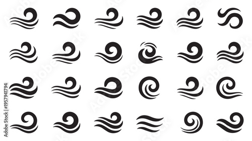 Diverse monochrome vector graphic elements featuring abstract waves and elegant swirls, perfect for branding, web design, and creative visual projects requiring dynamic patterns