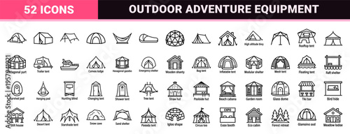 Minimalist Camping Shelter and Wilderness Lodging Monoline Icons for Professional Adventure Maps and Outdoor Equipment Digital Interfaces.